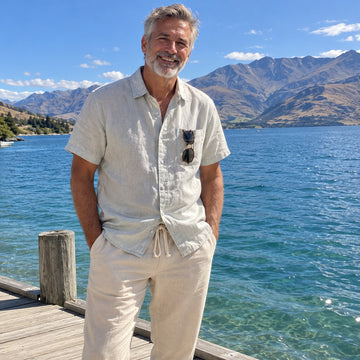 Men's linen set by the lake