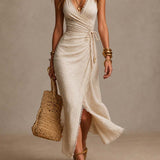 Ainomaria - Natural Linen Midi Dress with Wrap Neckline and Lace