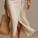 Ainomaria - Natural Linen Midi Dress with Wrap Neckline and Lace