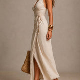 Ainomaria - Natural Linen Midi Dress with Wrap Neckline and Lace