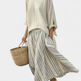 Šárka – Comfortable T-Shirt and Striped Midi Skirt