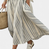 Šárka – Comfortable T-Shirt and Striped Midi Skirt