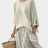 Šárka – Comfortable T-Shirt and Striped Midi Skirt