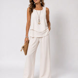 Leandra | Cream Layered Satin Top and Wide-Leg Trousers