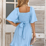 Claire | Light Blue Midi Wrap Dress with Buckles