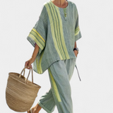 Tereza – Lavender Top and Mustard Striped Trousers