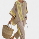 Tereza – Lavender Top and Mustard Striped Trousers