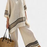 Kristýna – Elegant Linen Top with Black Stripes and Airy Trousers