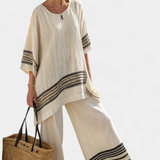 Kristýna – Elegant Linen Top with Black Stripes and Airy Trousers