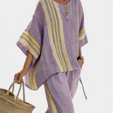 Tereza – Lavender Top and Mustard Striped Trousers