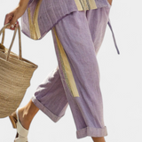 Tereza – Lavender Top and Mustard Striped Trousers