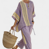 Tereza – Lavender Top and Mustard Striped Trousers