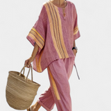Tereza – Lavender Top and Mustard Striped Trousers