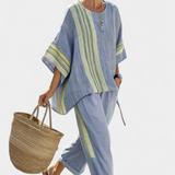 Tereza – Lavender Top and Mustard Striped Trousers