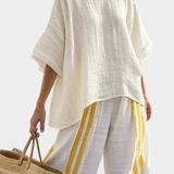 Věra – Elegant Linen Top with Yellow Stripes and Wide Trousers