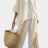 Věra – Elegant Linen Top with Yellow Stripes and Wide Trousers