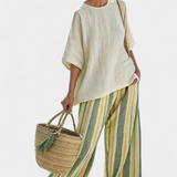 Nela – Elegant Top and Striped Linen Trousers