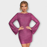 Cinty | Sparkly Glitter Dress with Open Back and Long Sleeves