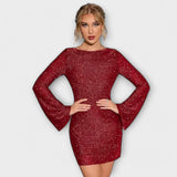 Cinty | Sparkly Glitter Dress with Open Back and Long Sleeves