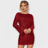 Cinty | Sparkly Glitter Dress with Open Back and Long Sleeves
