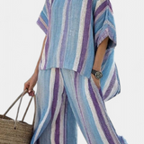 Lucie – Elegant Top with Pastel Striped Linen Trousers