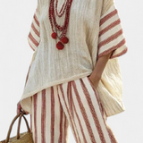 Ludmila – Rustic Striped Blouse and Cream Linen Trousers