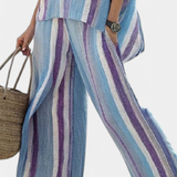 Lucie – Elegant Top with Pastel Striped Linen Trousers