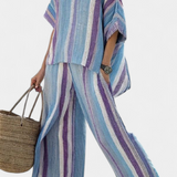 Lucie – Elegant Top with Pastel Striped Linen Trousers