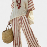 Ludmila – Rustic Striped Blouse and Cream Linen Trousers