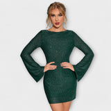 Cinty | Sparkly Glitter Dress with Open Back and Long Sleeves