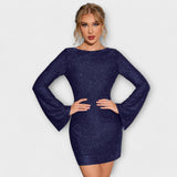 Cinty | Sparkly Glitter Dress with Open Back and Long Sleeves