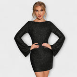 Cinty | Sparkly Glitter Dress with Open Back and Long Sleeves