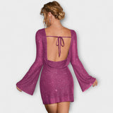 Cinty | Sparkly Glitter Dress with Open Back and Long Sleeves